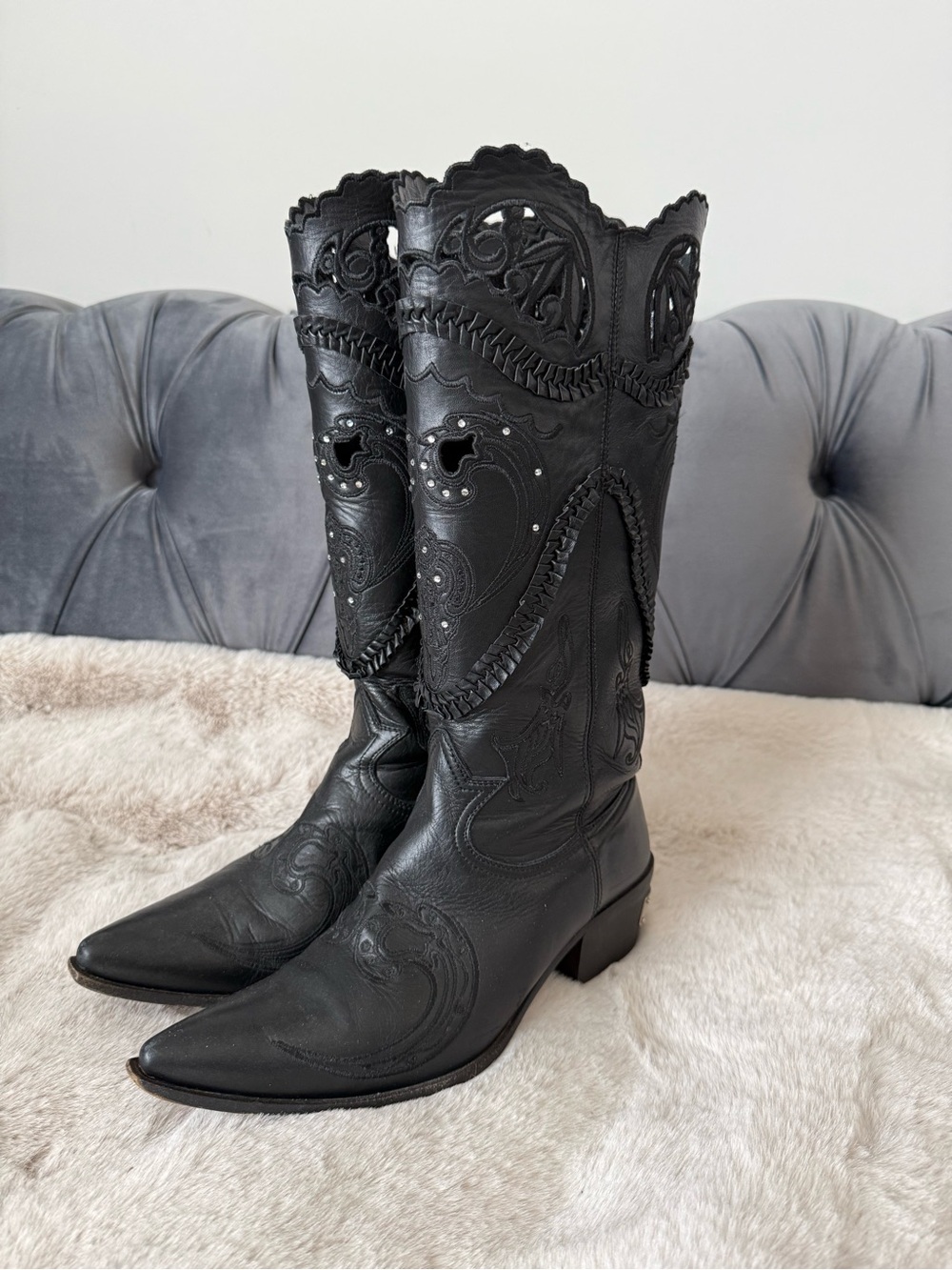 John Richmond Black Embroidered Western Knee-High Boots